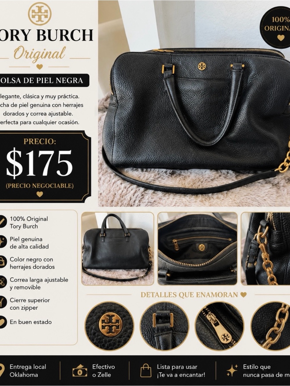 Tory Burch Black Pebbled Leather Satchel with Gold Hardware